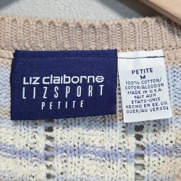Vintage 90s Liz Claiborne Striped Knit Sweater Petite M Preppy Coastal Pastel - Picture 4 of 9